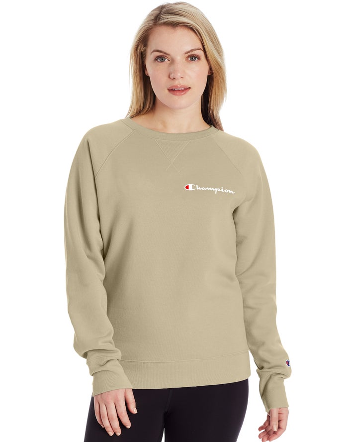 Champion Powerblend Fleece Classic Crew Script Logo - Naisten Khaki Collegepaita - Suomi 4152967-WH